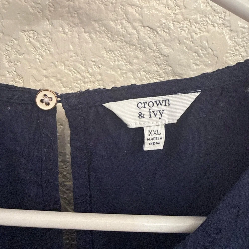 Navy Blue 100% Cotton Eyelet Blouse by Crown & Ivory-Boho Flutter Sleeve XXL - Picture 11 of 17